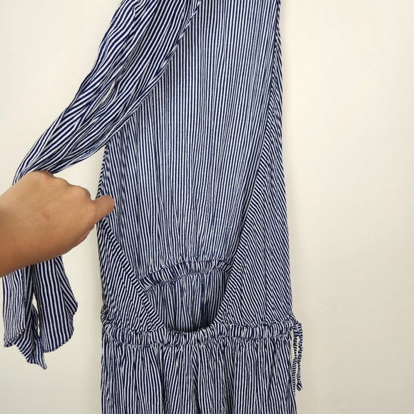Faithfull the Brand Blue White Vertical Stripe Tie Neck Open Back Romper Sz S - Picture 6 of 9